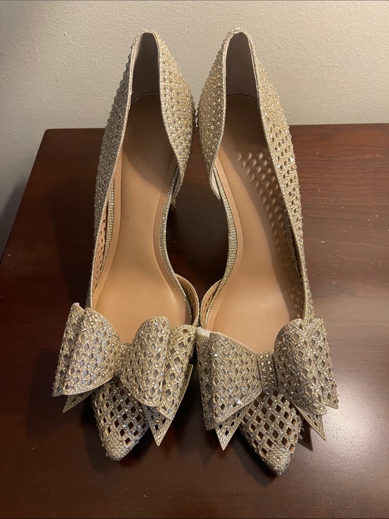 INC International Concepts Shoes - INC International Concepts Gold Glitter Pointed Toe Bow Heels